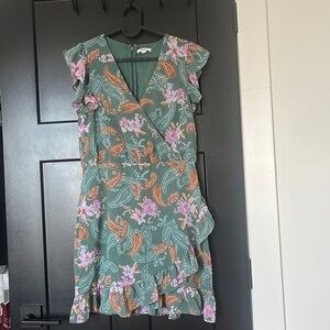 Bar III paisley printed cross over ruffle mini dress